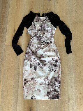 Ma Floral Print Sheath Dress with Black Lace Sleeves